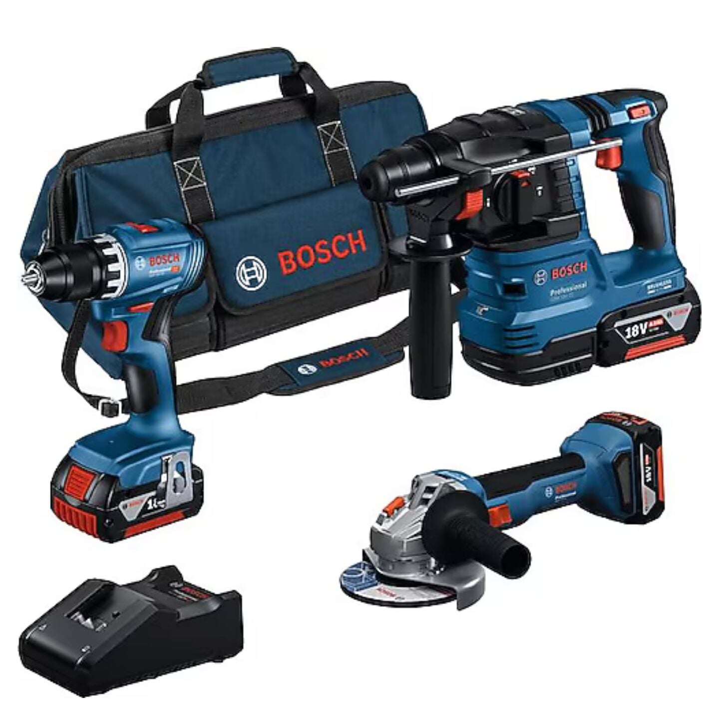 Bosch 0615A5007L GSR 18V-45 + GWS 18V-8 + GBH 18V-22 Üç Akülü 4 Ah Kombo Set